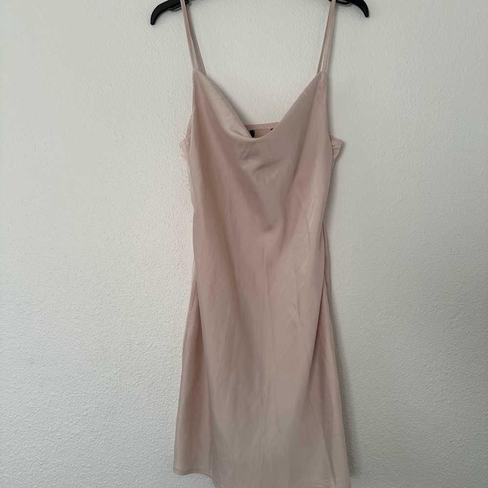 Beige Cream Slip Flowy Mini Satin Dress